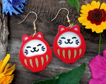 Japanese Lucky Cat Red Daruma Neko Dangle Earrings, Cute Asian Culture Fortune Cat, Big Harajuku Decora Fashion Cat Jewelry