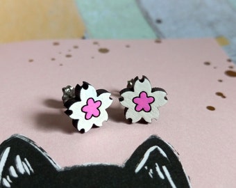 Sakura Cherry Blossom Wood Flower Stud Earrings, Painted Pink and White Wooden Spring Flower Studs Jewelry