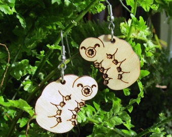 Cute Tardigrade Moss Piglet Water Bear Wood Pendant Dangle Earrings, Scientific Science Microscopic Creature Statement Jewelry