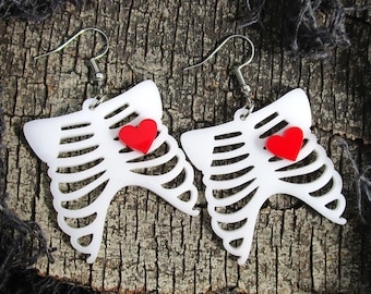 Goth Big Ribcage with Heart Dangle Earrings, Skeleton Ribs Bone Cute Heart Halloween Kowaii Spooky Fun Dangle Earrings