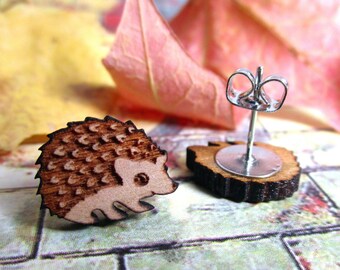 Cute Little Wood Hedgehog Stud Earrings, Hedge Hog Hoggie Wooden Earrings, Hypoallergenic Post