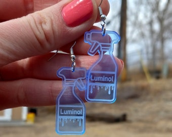 Fluorescent Neon Blue CSI Luminol Spray Bottle Shaped Forensics Dangle Earrings, Criminologist Murder Mystery Detective Party Jewelry