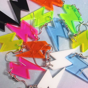 Simple Neon Lightning Bolt Dangle Earrings, Lightweight UV Reactive Rave Acrylic Thunder Statement Jewelry
