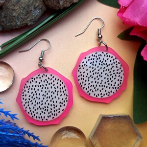Dragon Fruit Slice Summer Dangle Earrings, Cactus Fruit Pitaya Summer Beach Food Decora Jewelry