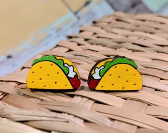 Little Wood Taco Stud Earrings, Hand Painted Taco Tuesday Food Cart Truck Stand, Mexican Food, Choose Hypoallergenic Studs or Clip Ons