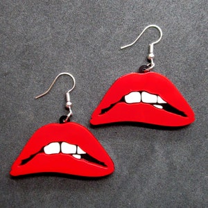 Biting Lower Lip Statement Pendant Earrings, Red Sexy Lips, RHPS, Rocky Horror Lips Goth Dangle Earrings