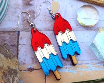 Rocket Pop USA American Flag Dangle Earrings, Memorial Day, 4th of July, Summer Frozen Treat Beach Food Decora Jewelry