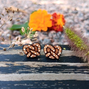 Hand Painted Oktoberfest Salted Pretzel Wood Stud Earrings, Cute Unique Circus Faire Food Jewelry