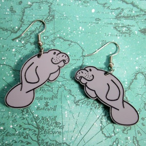 Cute Gray Happy Manatee Dangle Earrings, Sea Cow Funny Ocean Mammal Jewelry Gift