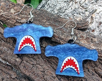 Shimmery Glitter Hammerhead Shark Dangle Earrings, Summer Beach Fun Blue Shark Week Jewelry