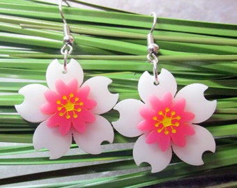 Sakura Cherry Blossom White And Pink Flower Dangle Earrings, Spring Time White Blossom Pretty Flowers Lightweight Jewelry