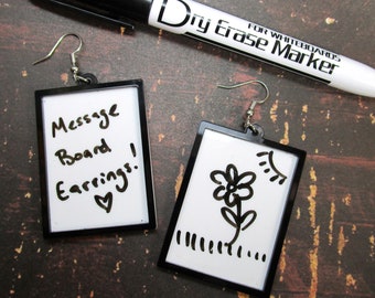 Message Board Dangle Earrings With Dry Erase Marker, Protest March Poster Board, Daily Joke, Artist Drawing, Jewelry