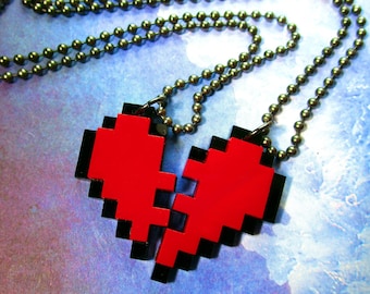 BFF Pixel Heart Friendship Necklace Set, Best Friends 8 Bit Gamer Couples Jewelry