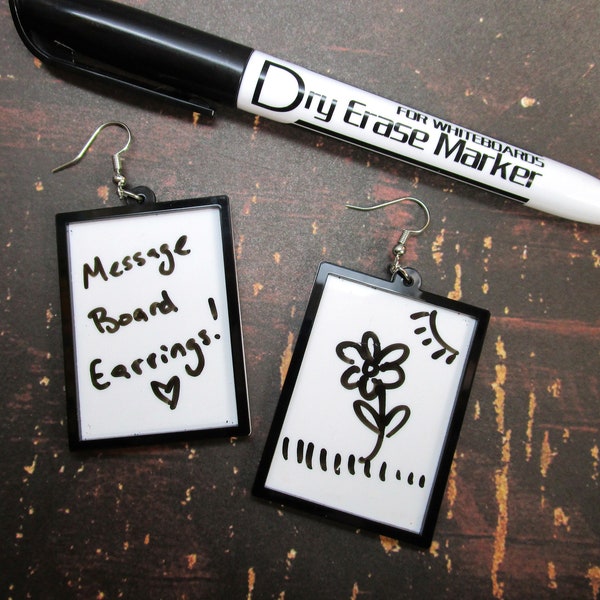 Message Board Dangle Earrings With Dry Erase Marker, Protest March Poster Board, Daily Joke, Artist Drawing, Jewelry