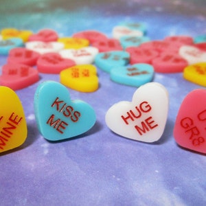 Pick Your Pair Mismatched Valentines Day Candy Hearts Stud Earrings, Nickel Free Post Studs, Custom Valentine&#39;s Gift Candy Earrings Set of 2