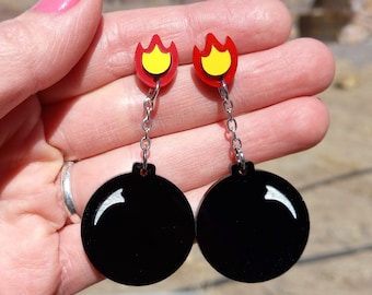 Big Lit Fuse Bomb Dangle Stud Acrylic Earrings, Funny Bomb Explosive Style Quirky Jewelry