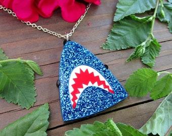 Jaws Shark Head Blue Glitter Pendant Necklace, Jaws Movie Summertime Summer Beach Jewelry