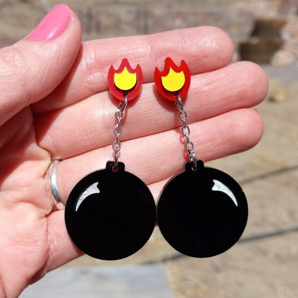 Big Lit Fuse Bomb Dangle Stud Acrylic Earrings, Funny Bomb Explosive Style Quirky Jewelry