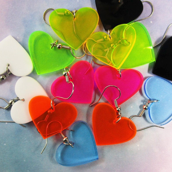 Neon Colors, White or Black Heart Pendant Nickel Free Dangle Earrings, Cheap Inexpensive Rave Jewelry