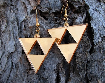Princess Hilda's Triforce Earrings Zelda Cosplay, Reverse Upside Down Triforce, Gold Acrylic Big Dangle Hypoallergenic or Clip Ons