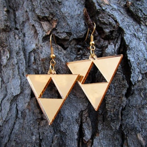 Princess Hilda's Triforce Earrings Zelda Cosplay, Reverse Upside Down Triforce, Gold Acrylic Big Dangle Hypoallergenic or Clip Ons image 1