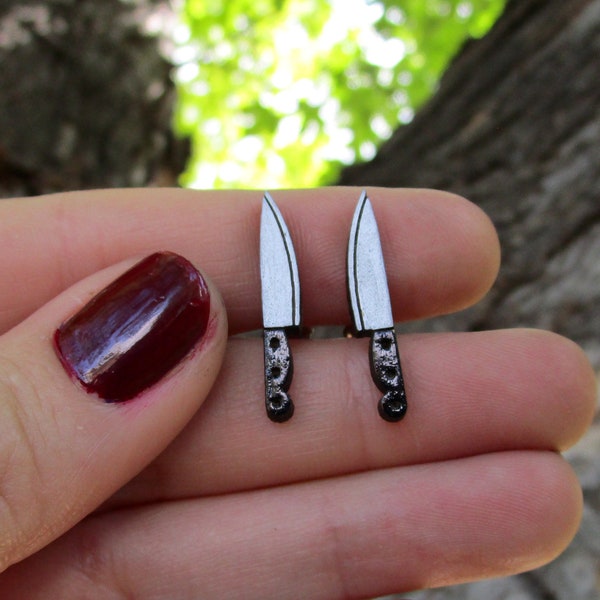 Little Kitchen Chef Knives Slasher Horror Movie Stud Earrings, Halloween Goth Costume Culinary Jewelry