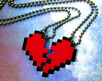 BFF Pixel Heart Necklace Set, Friendship Set of 2 Necklaces, Valentine&#39;s Day Best Friends 8 Bit Gamer Gift Heart Necklace Set