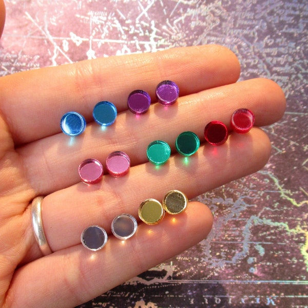 2 PAIRS Little Shiny Mirror Choose Your Favorite Colors Circle Stud Earrings Set, Metal free Hypoallergenic Plastic Posts Jewelry Set