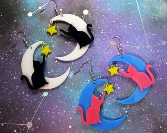 Crescent Moon Cat Dangle Earrings, PICK COLOR, Large Cat Moon Acrylic Statement Earrings, Hypoallergenic Decora Jewelry