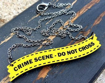 CSI 'Crime Scene - Do Not Cross' Yellow Tape Statement Necklace, Criminologist Murder Mystery Detective Party Jewelry