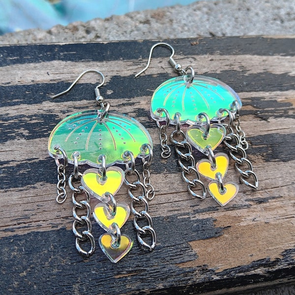 Big Iridescent Jellyfish Heart Chandelier Dangle Earrings, Cute Summer Ocean Beach Side Statement Jewelry