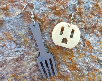 Funny Fork and Outlet Socket Mismatch Earrings Set, Edgy Electric Electricians Eclectic Weird Jewelry