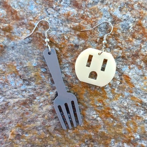 Funny Fork and Outlet Socket Mismatch Earrings Set, Edgy Electric Electricians Eclectic Weird Jewelry