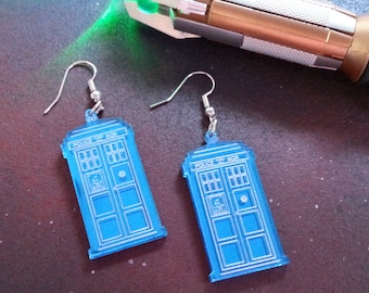 Doctor Who Blue Tardis Earrings, Shiny Blue Acrylic Police Call Box Statement Earrings, Dr Who Time Machine Jewelry