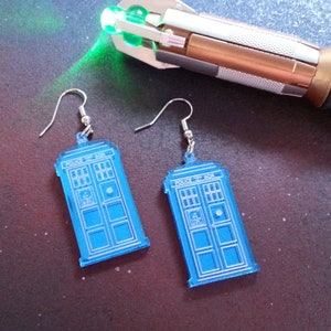 Police Box Earrings, Blue Acrylic British Telephone Kiosk Callbox Jewelry