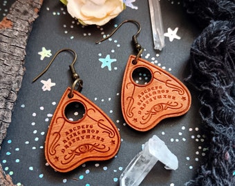 Spirit Board Planchette Dangle Earrings, Wooden Ouija Board Summoning Witch Halloween Earrings Jewelry