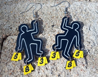 Body Chalk Outline & Evidence Markers Crime Scene Investigator CSI Dangle Earrings, Criminologist Murder Mystery Detective Party Accessories