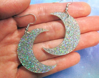 Iridescent Glitter Big Crescent Moon Dangle Earrings, Simple Space Rainbow Moon Fun Jewelry