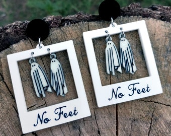 Glow In The Dark Ghost Polaroid Dangle Stud Earrings, Halloween Glowing Ghost Picture No Feet Goth Studs Jewelry