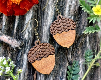 Cute Fall Autumn Theme Wooden Acorns Dangle Earrings, Big Wood Harvest Time Jewelry