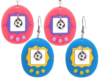 Vintage Inspired Digital Pet Toy in Blue Or Pink Pixel Egg Shaped Toy Style Big Dangle Earrings 90s Aesthetic Jewelry