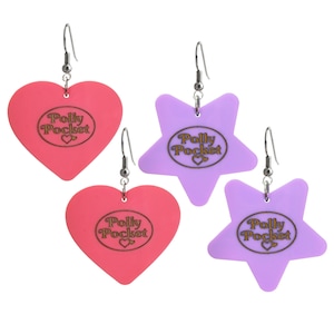 Retro Pocket Compact Toy Pink Heart Or Purple Star Shaped Big Dangle Earrings Jewelry for 90s Girls