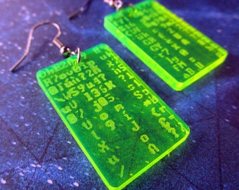 Kolczyki Matrix Trickle Code Neon Green Programmer, prezent dla programisty Cyberpunk Rave Sci-Fi Tech