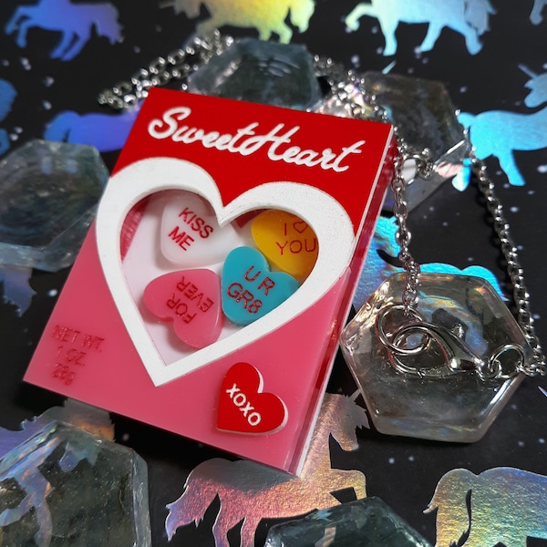 SweetHeart Conversation Hearts Candy Box Valentine’s Day Pendant Necklace, Funny Interactive 3D Acrylic Be My Valentine Statement Jewelry