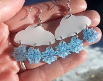 Winter Snow Cloud Snowing Clouds Falling Snowflakes Dangle Earrings, Christmas Statement Holiday Jewelry