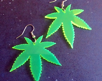 Big Neon Green Pot Leaf Earrings, Blacklight Reactive Festival Rave Jewelry