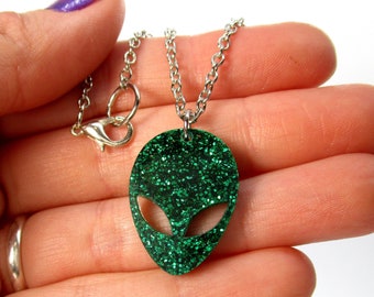 Green Glitter Big Eye Alien Pendant Necklace, Outer Space Galaxy Jewelry, Gift for Space Girls