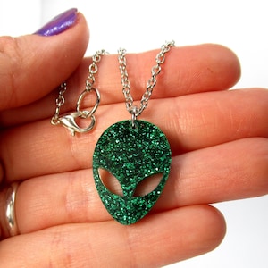 Green Glitter Big Eye Alien Pendant Necklace, Outer Space Galaxy Jewelry, Gift for Space Girls image 1