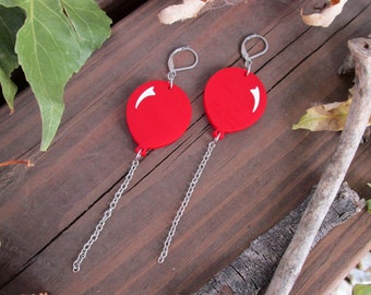 Red Circus Balloon Lever Back Dangle Earrings, Clown Fair Creepy Art Scary Movie, Pennywise Costume, Hypoallergenic Hooks or Clip Ons