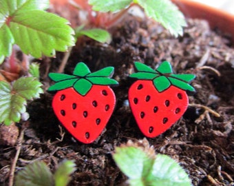 Cute Little Wooden Strawberry Stud Earrings, Cute Wood Springtime Fruit Jewelry Spring Earrings